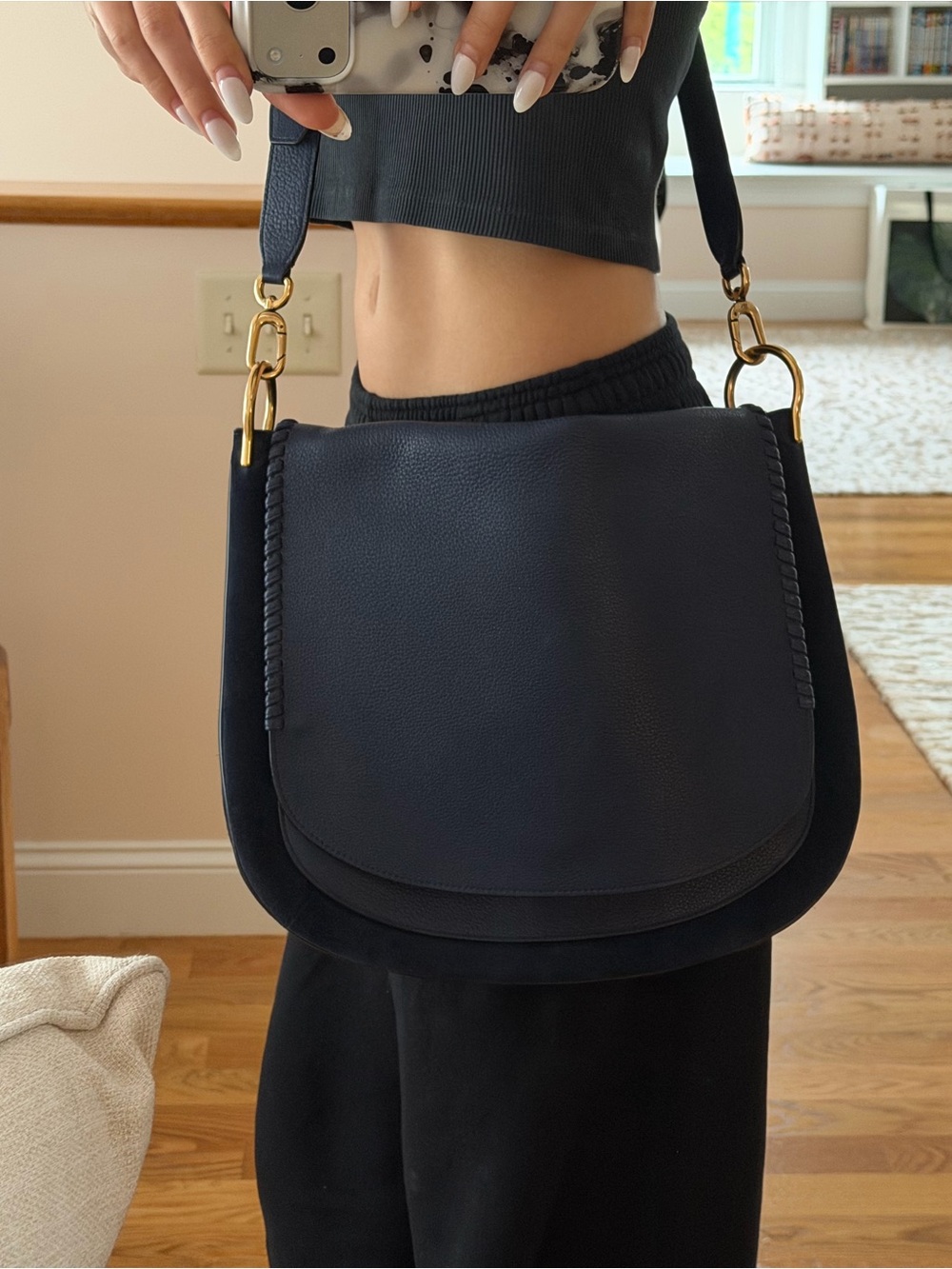 Large Stuart Weitzman Navy Leather & Suede Crossbody Bag